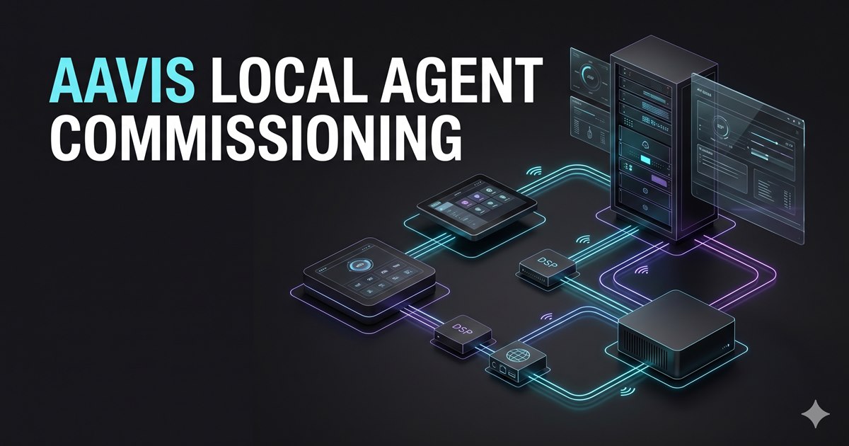 AAVIS local agent commissioning thumbnail showing connected AV devices, DSP blocks, and a local control server