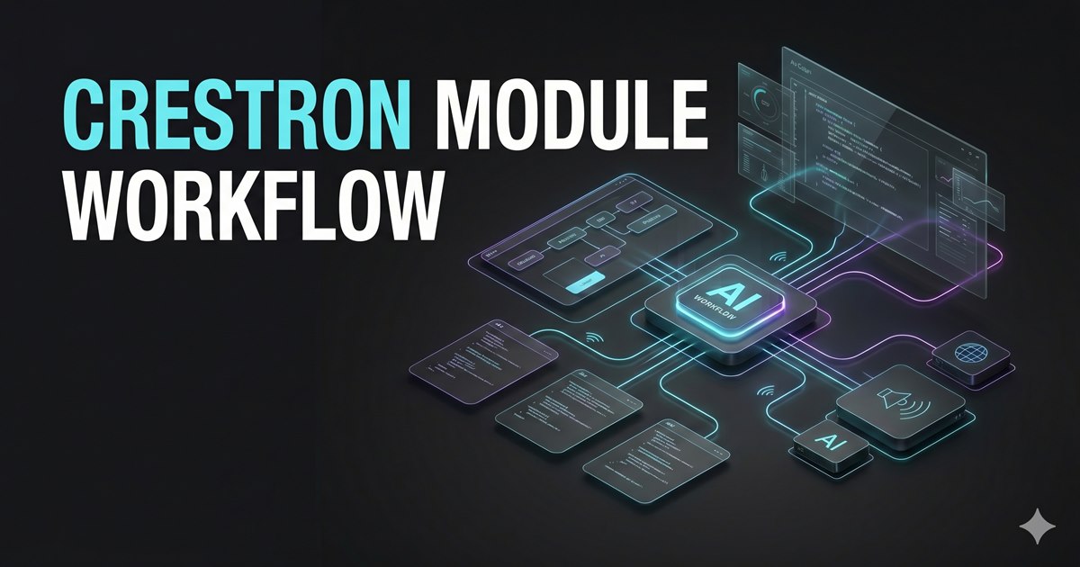 Crestron module workflow thumbnail showing AI-assisted module logic connected to code and AV controls