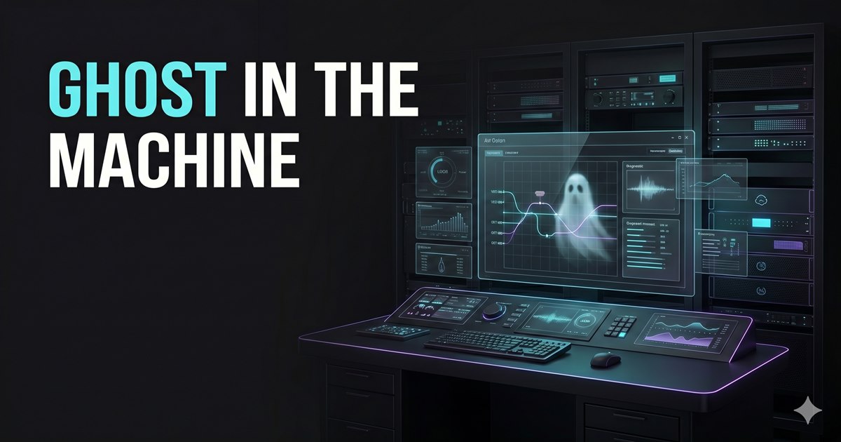 Ghost in the machine thumbnail showing AV rack diagnostics with a translucent ghost on a system monitoring display