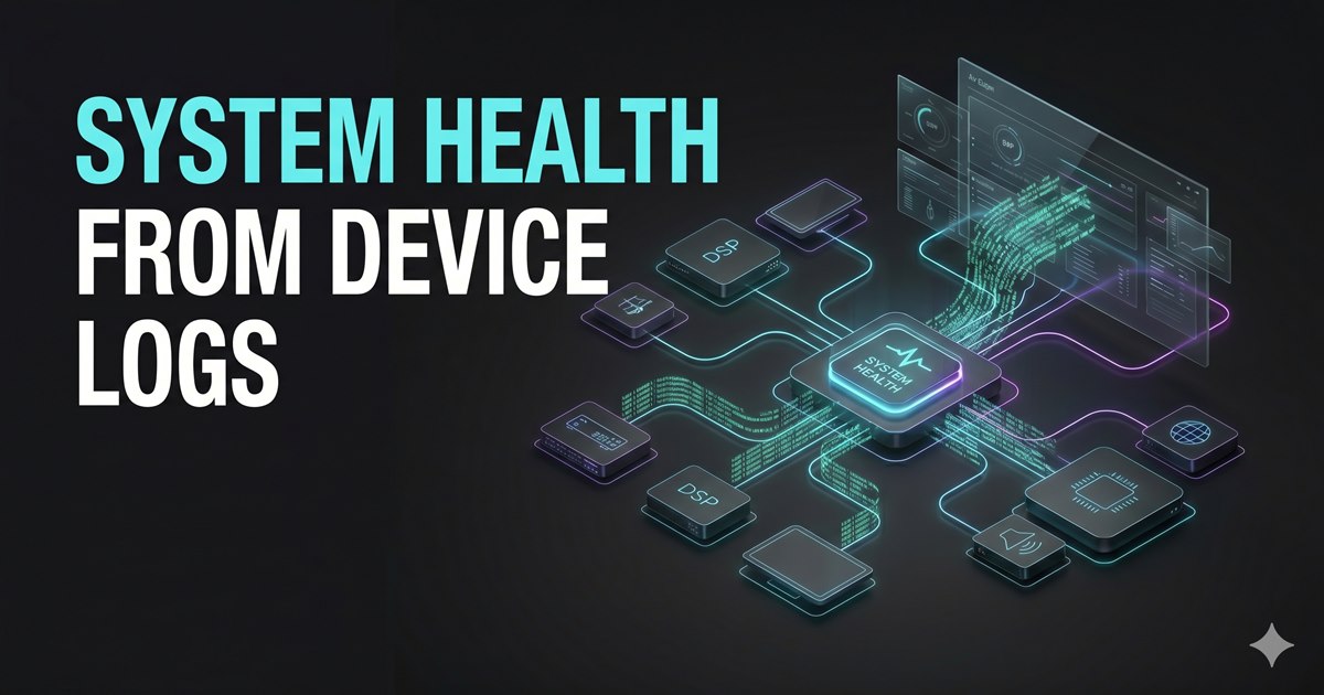 System health from device logs thumbnail showing AV devices feeding logs into a central health analysis panel